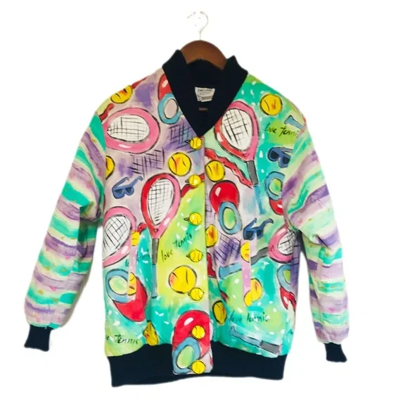 VINTAGE Hand Painted Bomber Jacket Tennis‎ Wearable Art Artsy 80s 90s Size Small - Picture 4 of 15